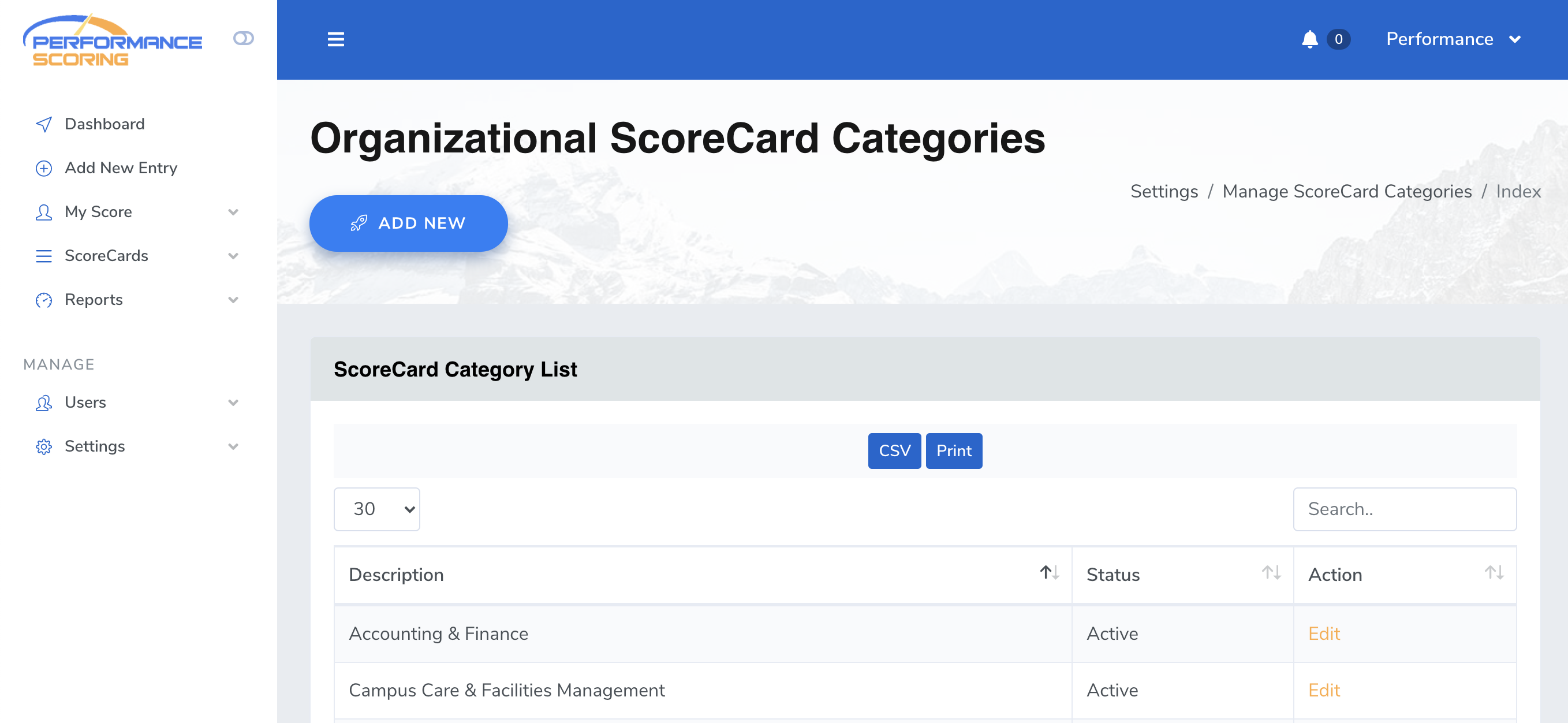Manage ScoreCard Categories