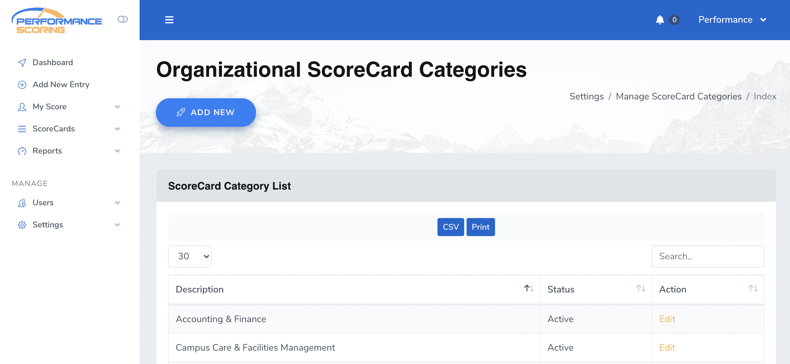 Manage ScoreCard Categories