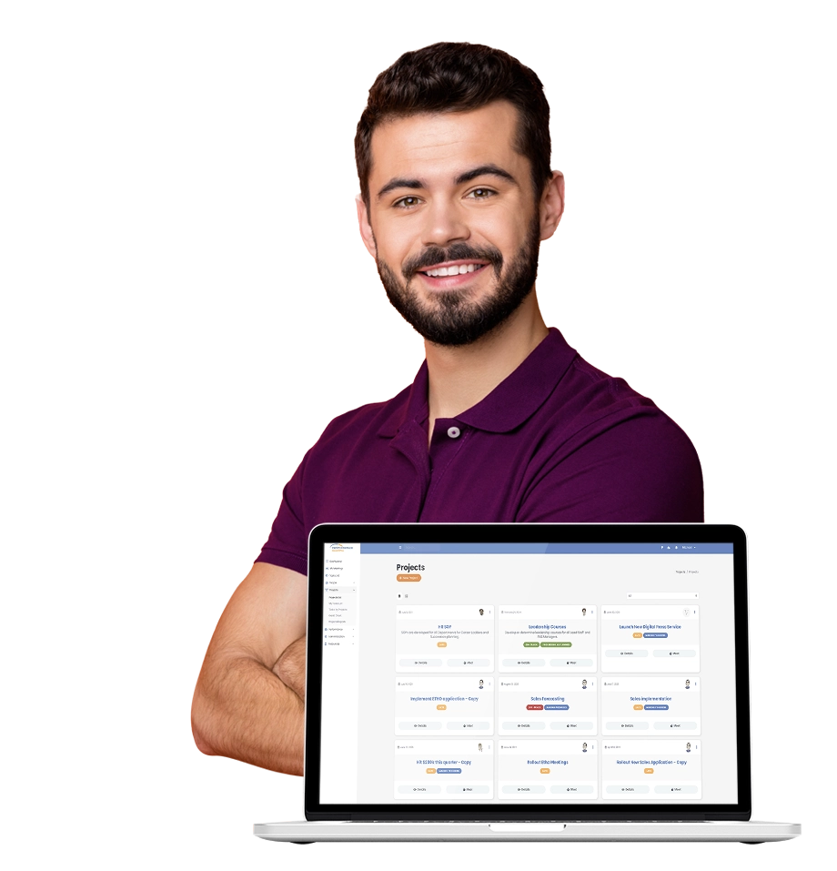 Man viewing Performance Scoring’s project management modules on his laptop, showcasing Gantt-chart visualization and engagement tools.