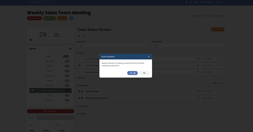Missed the Meeting? No worries! Receive an automated meeting recap email with everything you missed, courtesy of Performance Scoring.