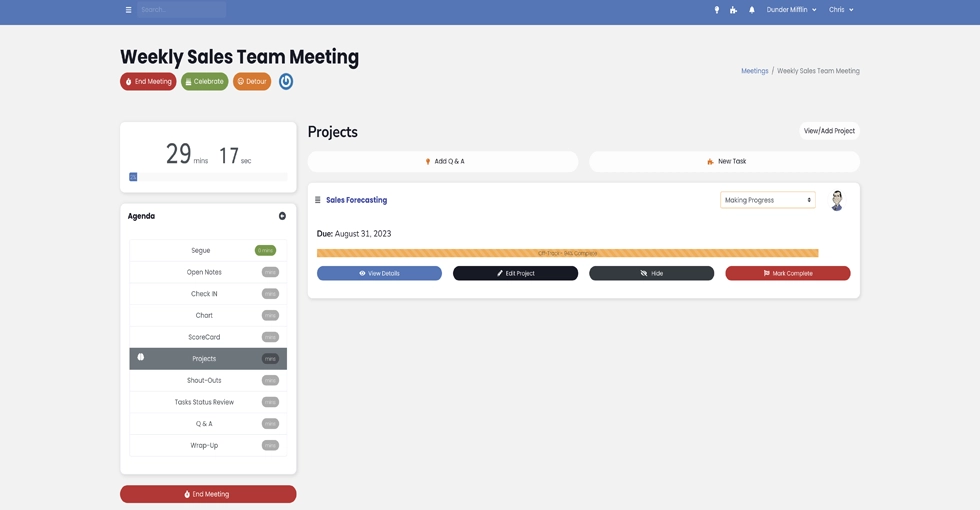 Capture During Your Meeting Stay on track with the agenda. Review project status and discuss topics without interruptions using Performance Scoring. Use the meeting countdown timer for efficient discussions.