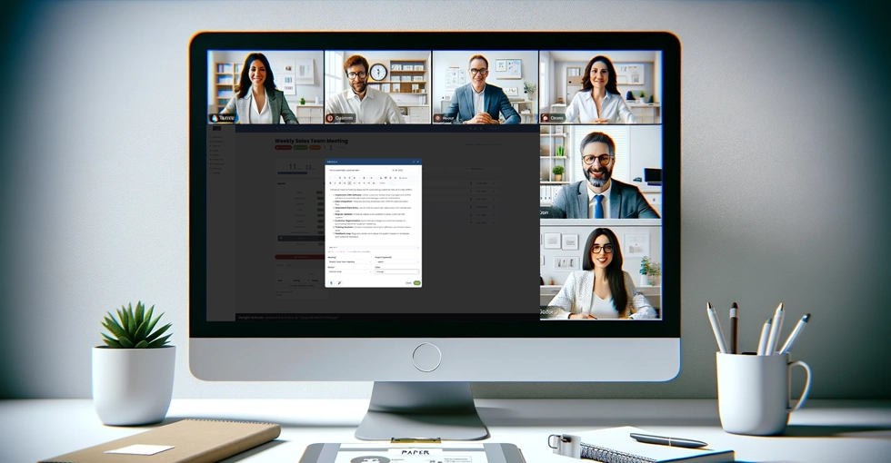 A diverse team engaged in a virtual meeting using Performance Scoring, integrated with popular video conferencing platforms like Zoom and Google Meet.