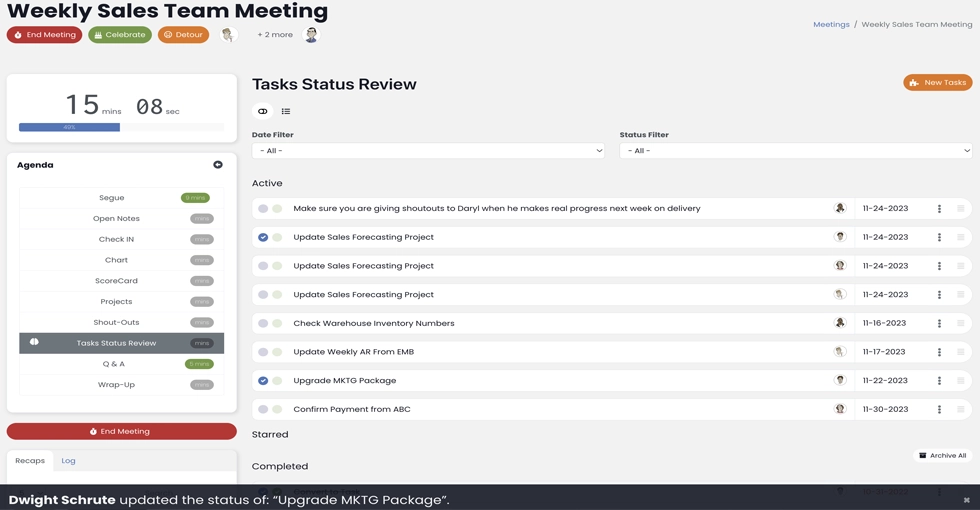 An interactive display of Performance Scoring's task management feature, showing a user adding, prioritizing, and tracking tasks during a meeting to align with team goals.