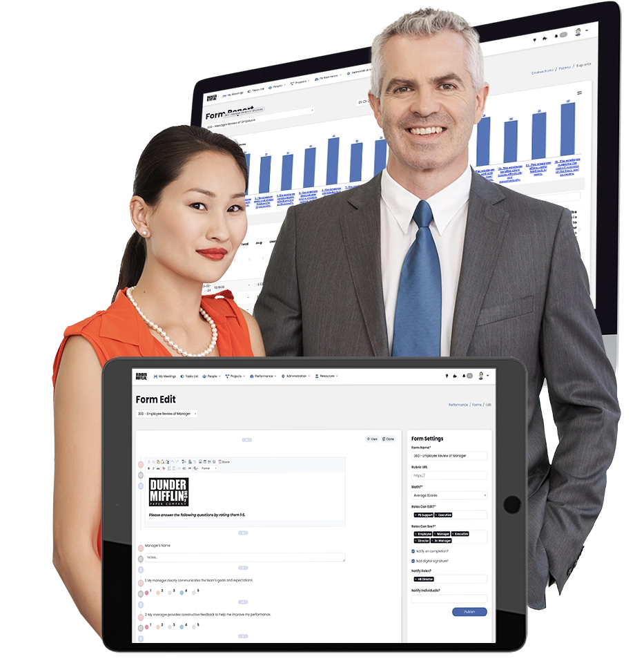 Professionals using Performance Scoring's Form Builder on a laptop for performance reviews and data analysis.