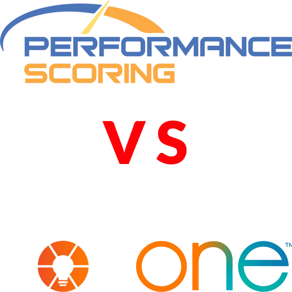 Infographic comparing Performance Scoring and EOSone, featuring their logos and illustrating the differences in employee performance management approaches. The left side showcases Performance Scoring's features like real-time feedback and integrated meeting management, while the right side highlights EOSone's focus on strategic business alignment and the EOS framework.