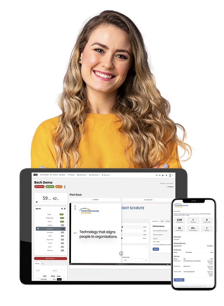 Illustration of embedded third-party apps and automated meeting summaries in Performance Scoring's platform.