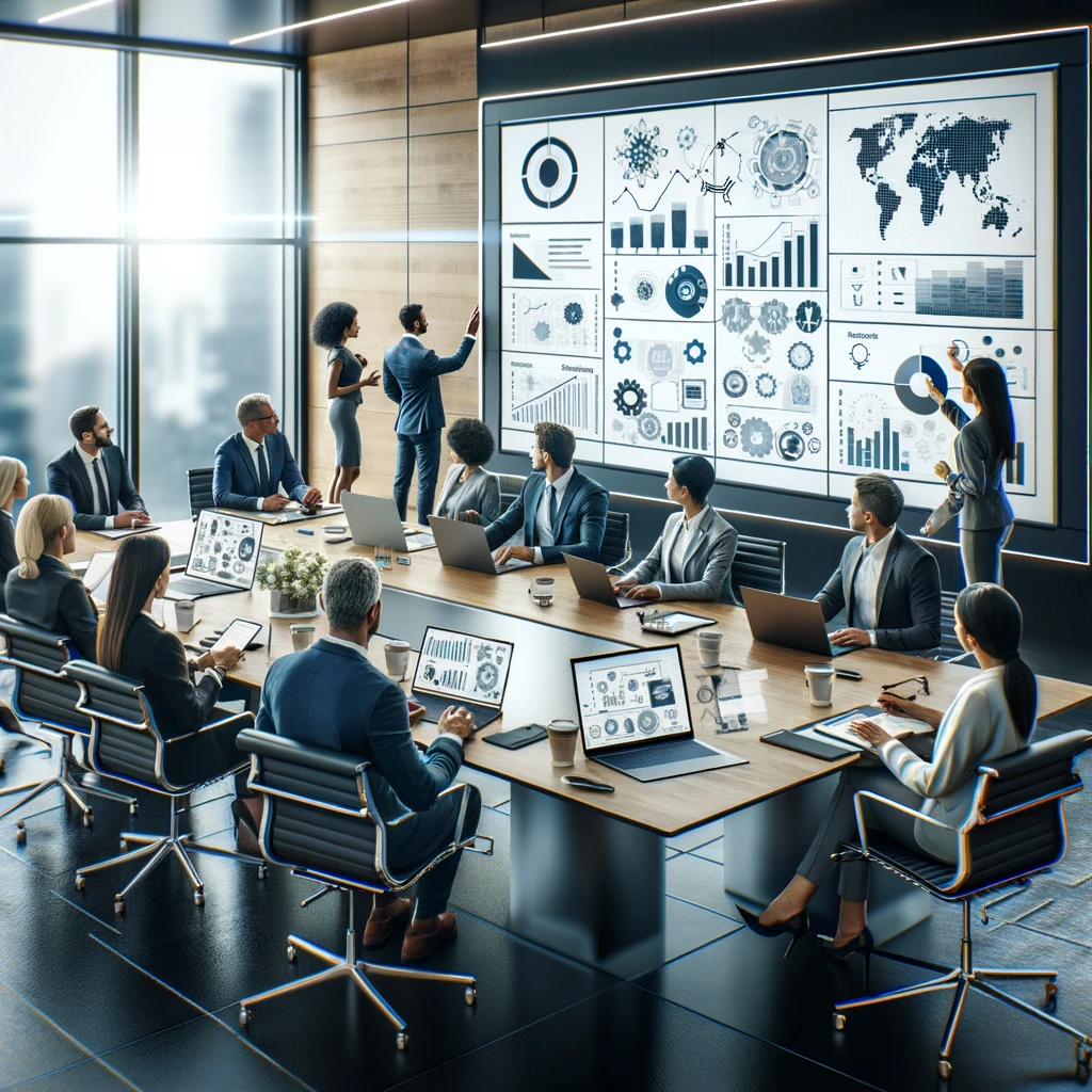 Diverse group of business professionals engaged in a modern conference room meeting with digital tools and real-time feedback.