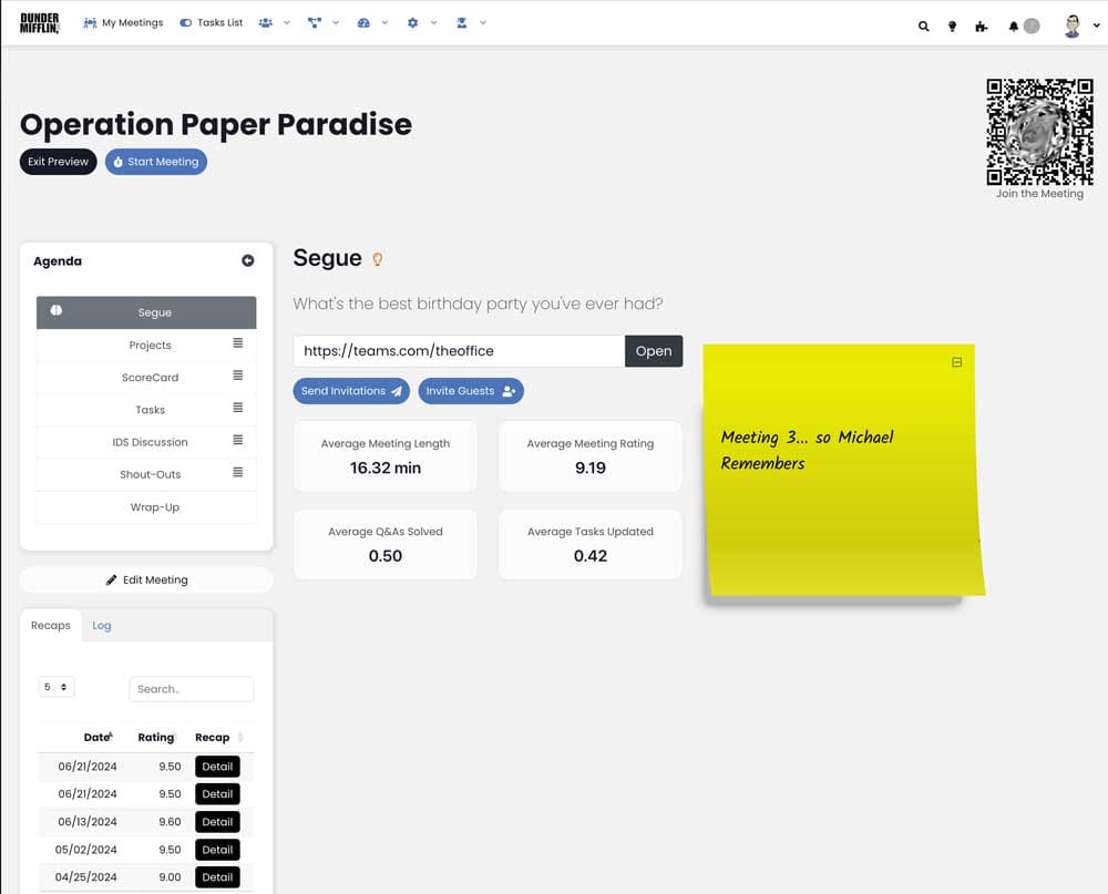 Screenshot of a Performance Scoring meeting interface for Operation Paper Paradise, showing meeting agenda, average meeting statistics, and a post-it note with a reminder for Michael.