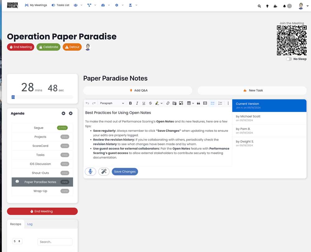 Performance Scoring interface showing Open Notes feature with revision history and agenda for a meeting called Operation Paper Paradise.