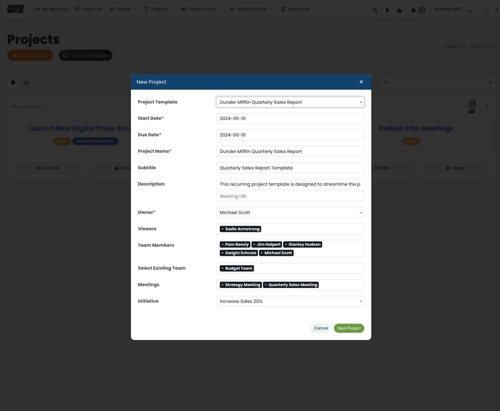 Performance Scoring project creation interface showing the setup for a Quarterly Sales Report with recurring project templates.