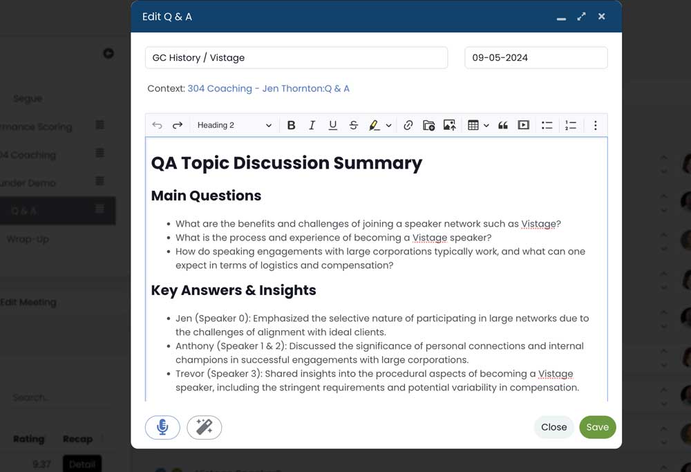 Performance Scoring Q&A transcription with speaker attribution, showing a summary of a discussion on Vistage speaker networks.