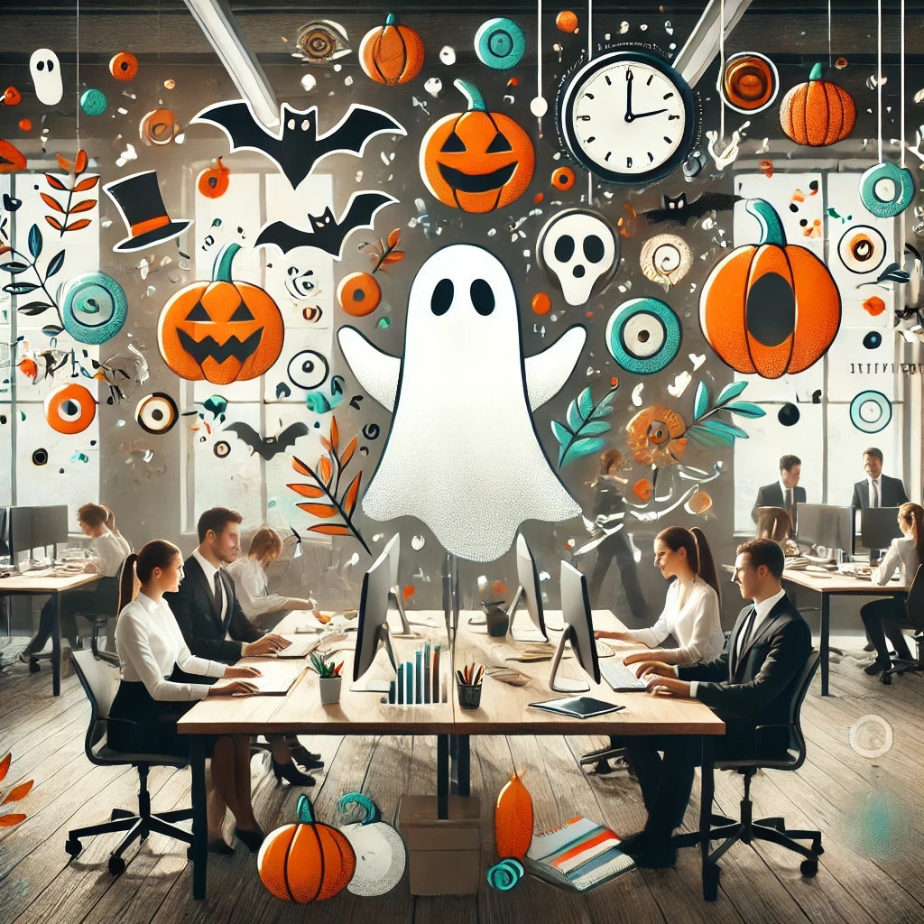 A Halloween-themed office scene with employees engaging in productive work, surrounded by ghosts, pumpkins, and bats, representing team collaboration, feedback loops, and continuous improvement.